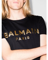 schwarzes und goldenes bedrucktes T-Shirt mit einem Rundhalsausschnitt von Balmain