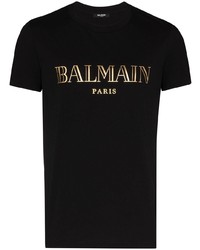 schwarzes und goldenes bedrucktes T-Shirt mit einem Rundhalsausschnitt von Balmain