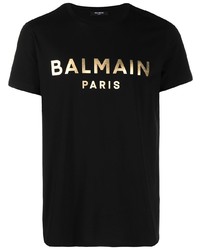 schwarzes und goldenes bedrucktes T-Shirt mit einem Rundhalsausschnitt von Balmain