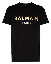 schwarzes und goldenes bedrucktes T-Shirt mit einem Rundhalsausschnitt von Balmain