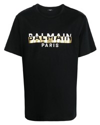 schwarzes und goldenes bedrucktes T-Shirt mit einem Rundhalsausschnitt von Balmain