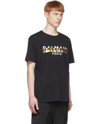 schwarzes und goldenes bedrucktes T-Shirt mit einem Rundhalsausschnitt von Balmain