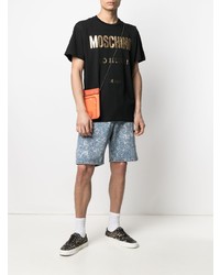 schwarzes und goldenes bedrucktes T-Shirt mit einem Rundhalsausschnitt von Moschino