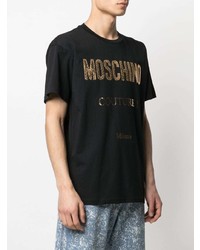 schwarzes und goldenes bedrucktes T-Shirt mit einem Rundhalsausschnitt von Moschino