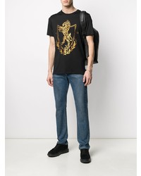 schwarzes und goldenes bedrucktes T-Shirt mit einem Rundhalsausschnitt von Roberto Cavalli