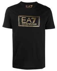 schwarzes und goldenes bedrucktes T-Shirt mit einem Rundhalsausschnitt von Ea7 Emporio Armani