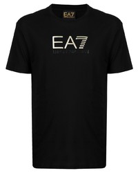 schwarzes und goldenes bedrucktes T-Shirt mit einem Rundhalsausschnitt von Ea7 Emporio Armani