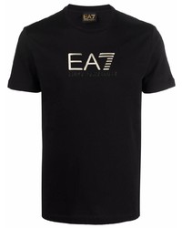 schwarzes und goldenes bedrucktes T-Shirt mit einem Rundhalsausschnitt von Ea7 Emporio Armani