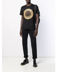 schwarzes und goldenes bedrucktes T-Shirt mit einem Rundhalsausschnitt von Versace