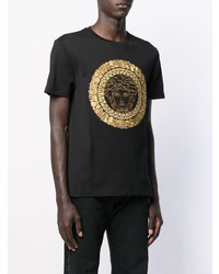 schwarzes und goldenes bedrucktes T-Shirt mit einem Rundhalsausschnitt von Versace