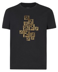 schwarzes und goldenes bedrucktes T-Shirt mit einem Rundhalsausschnitt von Fendi