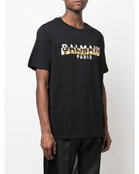 schwarzes und goldenes bedrucktes T-Shirt mit einem Rundhalsausschnitt von Balmain