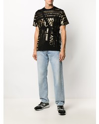 schwarzes und goldenes bedrucktes T-Shirt mit einem Rundhalsausschnitt von VERSACE JEANS COUTURE