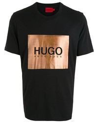 schwarzes und goldenes bedrucktes T-Shirt mit einem Rundhalsausschnitt von Hugo