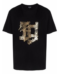 schwarzes und goldenes bedrucktes T-Shirt mit einem Rundhalsausschnitt von Just Cavalli