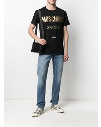 schwarzes und goldenes bedrucktes T-Shirt mit einem Rundhalsausschnitt von Moschino