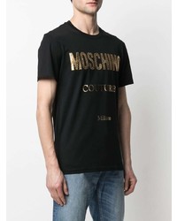 schwarzes und goldenes bedrucktes T-Shirt mit einem Rundhalsausschnitt von Moschino