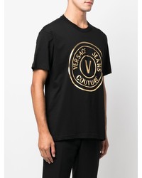 schwarzes und goldenes bedrucktes T-Shirt mit einem Rundhalsausschnitt von VERSACE JEANS COUTURE