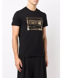 schwarzes und goldenes bedrucktes T-Shirt mit einem Rundhalsausschnitt von VERSACE JEANS COUTURE