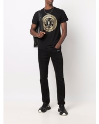 schwarzes und goldenes bedrucktes T-Shirt mit einem Rundhalsausschnitt von VERSACE JEANS COUTURE