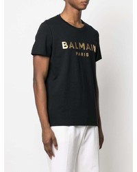 schwarzes und goldenes bedrucktes T-Shirt mit einem Rundhalsausschnitt von Balmain