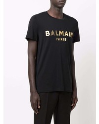 schwarzes und goldenes bedrucktes T-Shirt mit einem Rundhalsausschnitt von Balmain