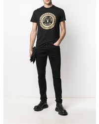 schwarzes und goldenes bedrucktes T-Shirt mit einem Rundhalsausschnitt von VERSACE JEANS COUTURE