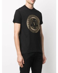 schwarzes und goldenes bedrucktes T-Shirt mit einem Rundhalsausschnitt von VERSACE JEANS COUTURE