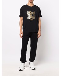 schwarzes und goldenes bedrucktes T-Shirt mit einem Rundhalsausschnitt von Just Cavalli