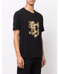 schwarzes und goldenes bedrucktes T-Shirt mit einem Rundhalsausschnitt von Just Cavalli