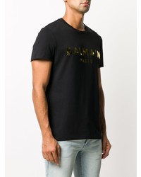 schwarzes und goldenes bedrucktes T-Shirt mit einem Rundhalsausschnitt von Balmain