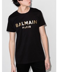 schwarzes und goldenes bedrucktes T-Shirt mit einem Rundhalsausschnitt von Balmain