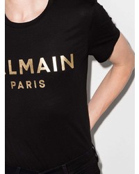 schwarzes und goldenes bedrucktes T-Shirt mit einem Rundhalsausschnitt von Balmain