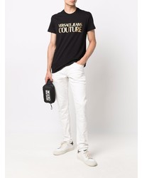 schwarzes und goldenes bedrucktes T-Shirt mit einem Rundhalsausschnitt von VERSACE JEANS COUTURE