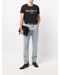 schwarzes und goldenes bedrucktes T-Shirt mit einem Rundhalsausschnitt von Balmain