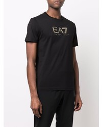 schwarzes und goldenes bedrucktes T-Shirt mit einem Rundhalsausschnitt von Ea7 Emporio Armani