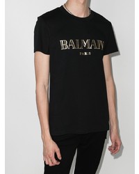 schwarzes und goldenes bedrucktes T-Shirt mit einem Rundhalsausschnitt von Balmain