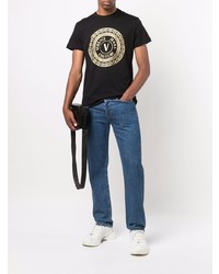 schwarzes und goldenes bedrucktes T-Shirt mit einem Rundhalsausschnitt von VERSACE JEANS COUTURE