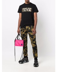 schwarzes und goldenes bedrucktes T-Shirt mit einem Rundhalsausschnitt von VERSACE JEANS COUTURE