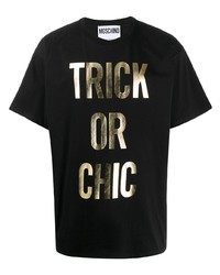 schwarzes und goldenes bedrucktes T-Shirt mit einem Rundhalsausschnitt von Moschino