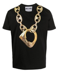 schwarzes und goldenes bedrucktes T-Shirt mit einem Rundhalsausschnitt von Moschino