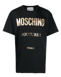 schwarzes und goldenes bedrucktes T-Shirt mit einem Rundhalsausschnitt von Moschino