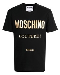 schwarzes und goldenes bedrucktes T-Shirt mit einem Rundhalsausschnitt von Moschino