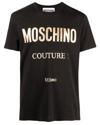 schwarzes und goldenes bedrucktes T-Shirt mit einem Rundhalsausschnitt von Moschino