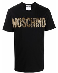 schwarzes und goldenes bedrucktes T-Shirt mit einem Rundhalsausschnitt von Moschino