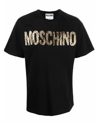 schwarzes und goldenes bedrucktes T-Shirt mit einem Rundhalsausschnitt von Moschino