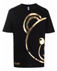 schwarzes und goldenes bedrucktes T-Shirt mit einem Rundhalsausschnitt von Moschino