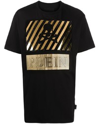 schwarzes und goldenes bedrucktes T-Shirt mit einem Rundhalsausschnitt von Philipp Plein