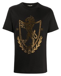 schwarzes und goldenes bedrucktes T-Shirt mit einem Rundhalsausschnitt von Roberto Cavalli