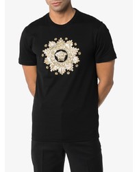 schwarzes und goldenes bedrucktes T-Shirt mit einem Rundhalsausschnitt von Versace